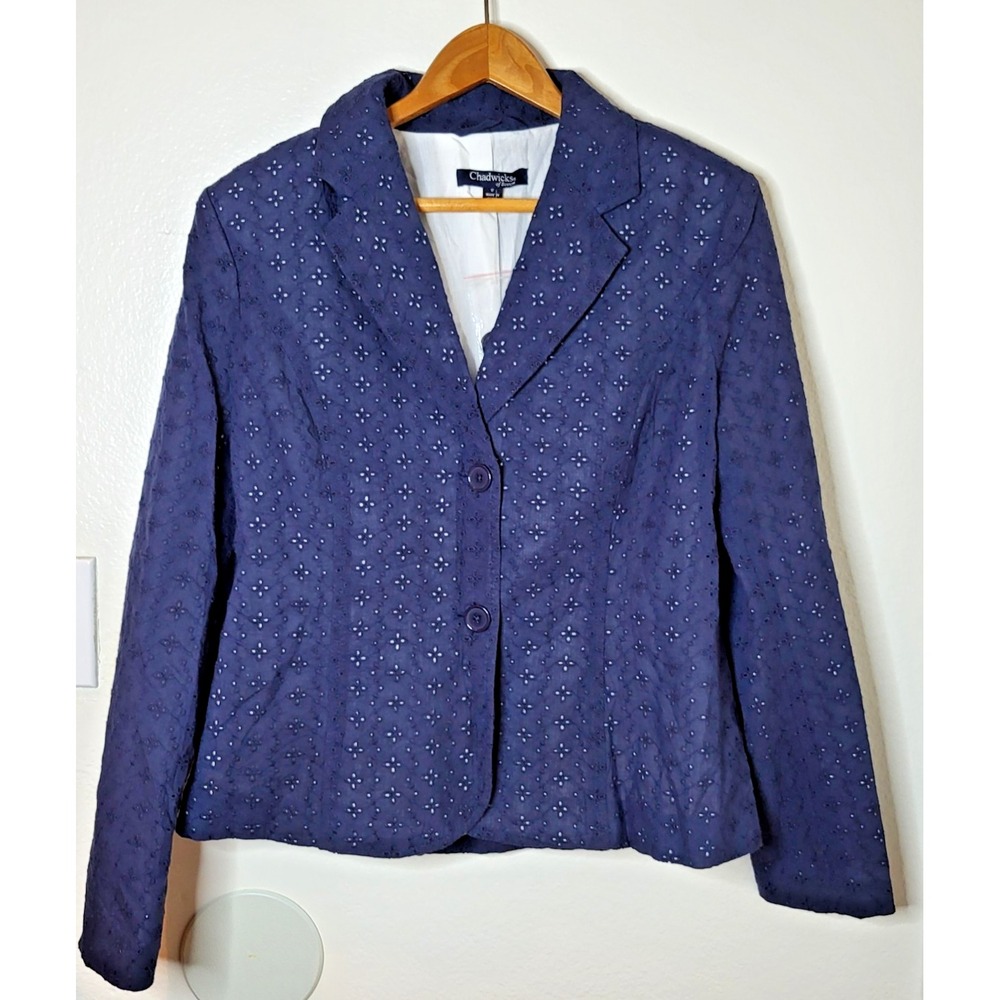 Chadwicks of Boston Cotton Blazer Navy Eyelet Jacket Size 12 Classic Career